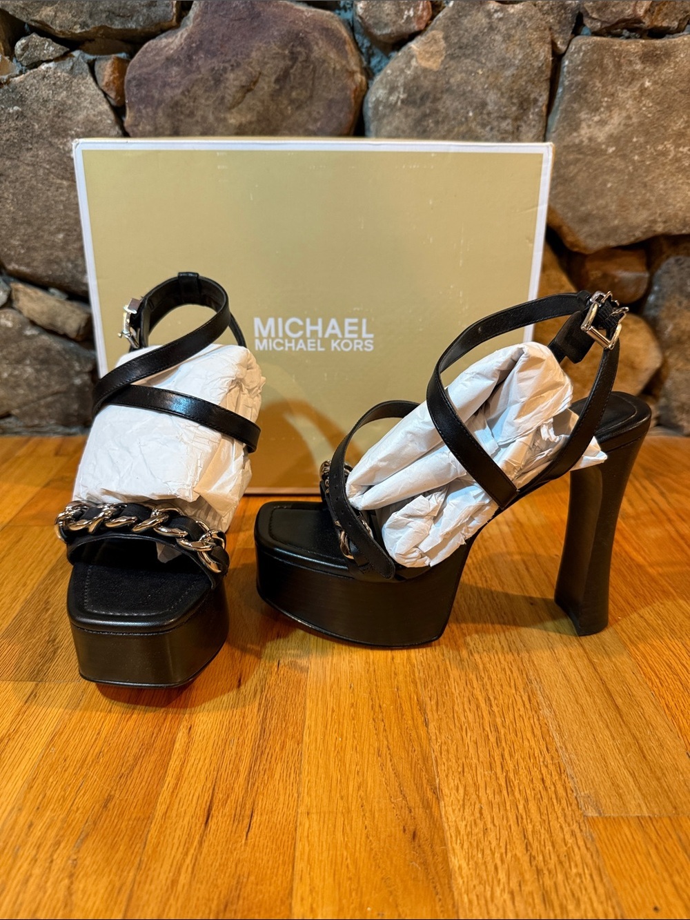 MICHAEL Michael Kors Black Platform Chain-Accent High Heel Sandals